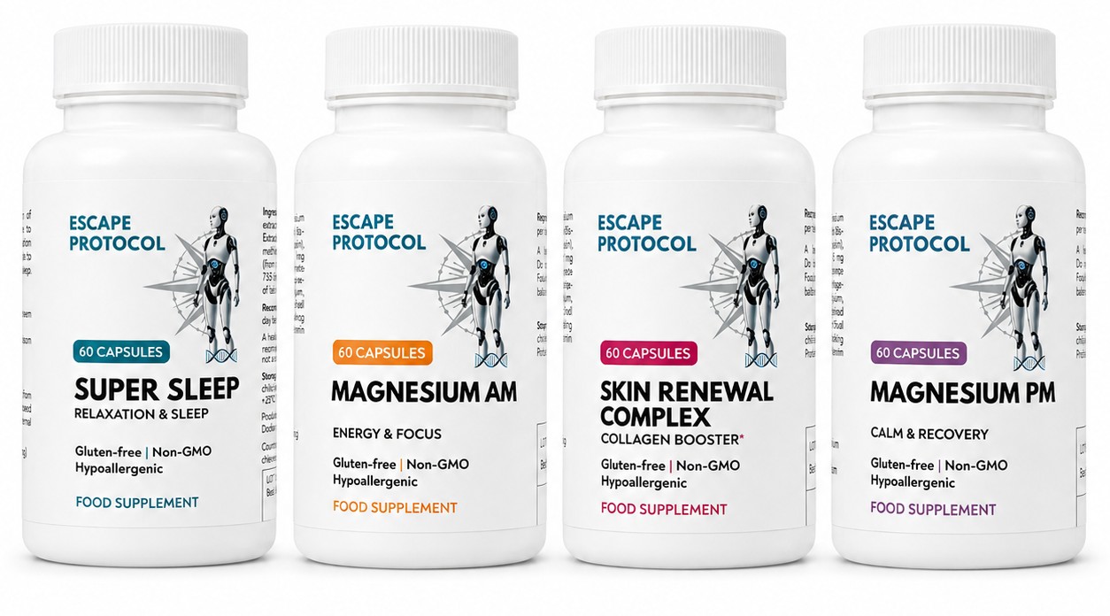 The four Escape Protocol formulas: Magnesium AM, Skin Renewal Complex, Magnesium PM and Super Sleep
